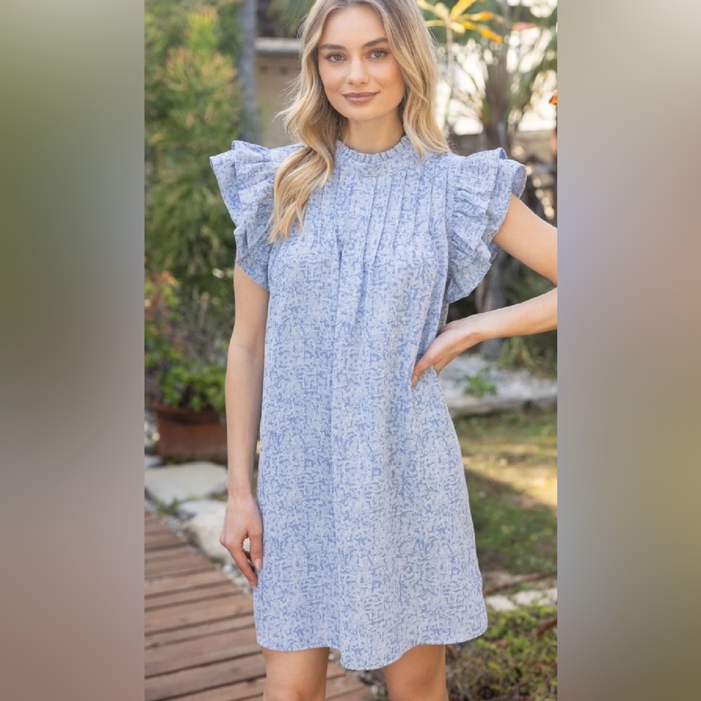 NWT Bianca Blue Pintuck Ruffle Sleeve VOY Dress
